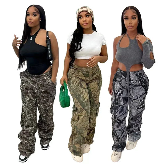 Camouflage Women Cargo Pants Mid Waist Side Pocket Wide-Leg Trousers Hip-Hop Streetwear Y2K Club Fashion Women Clothing
